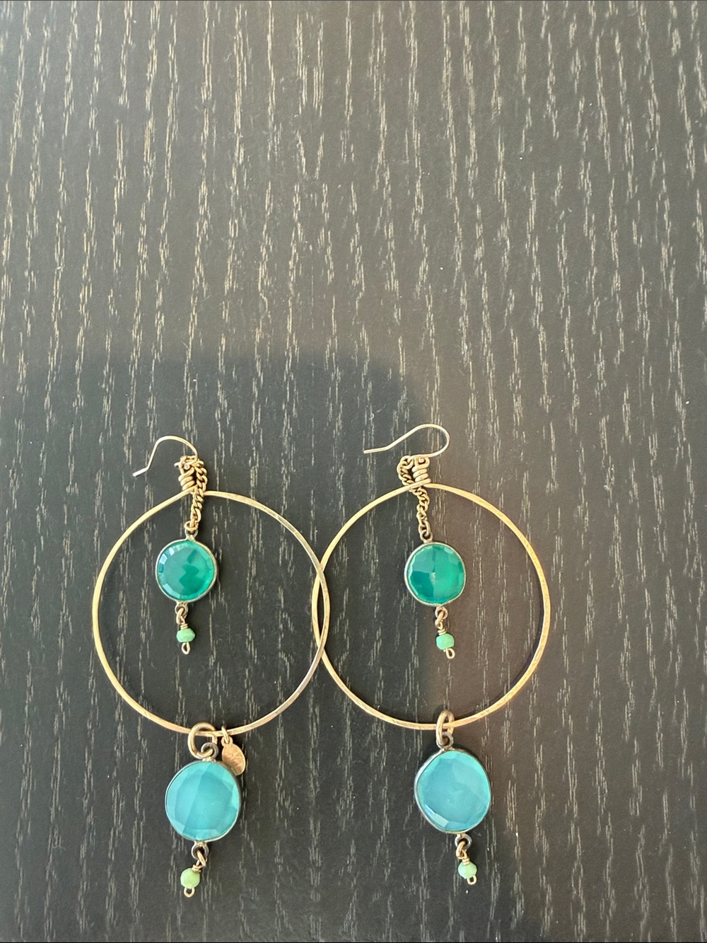 Gold Hoop Earrings with Teal and blue Gemstones